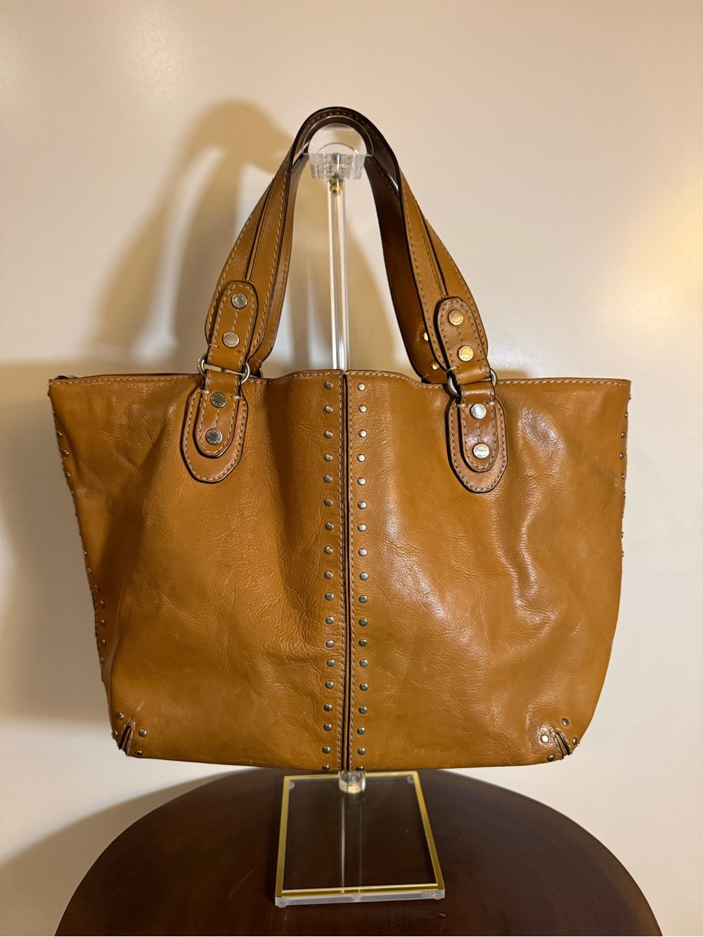 Vintage Michael Kors Astor Studded Cognac Leather Tote Y2K Boho Bag